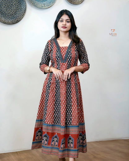Ajrakh Kurti | Dual-Tone Panels with Artisan Beadwork & Mirrors-Brick Red