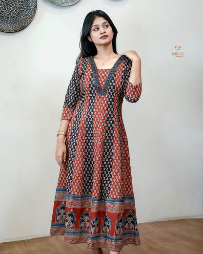 Ajrakh Kurti | Dual-Tone Panels with Artisan Beadwork & Mirrors-Brick Red
