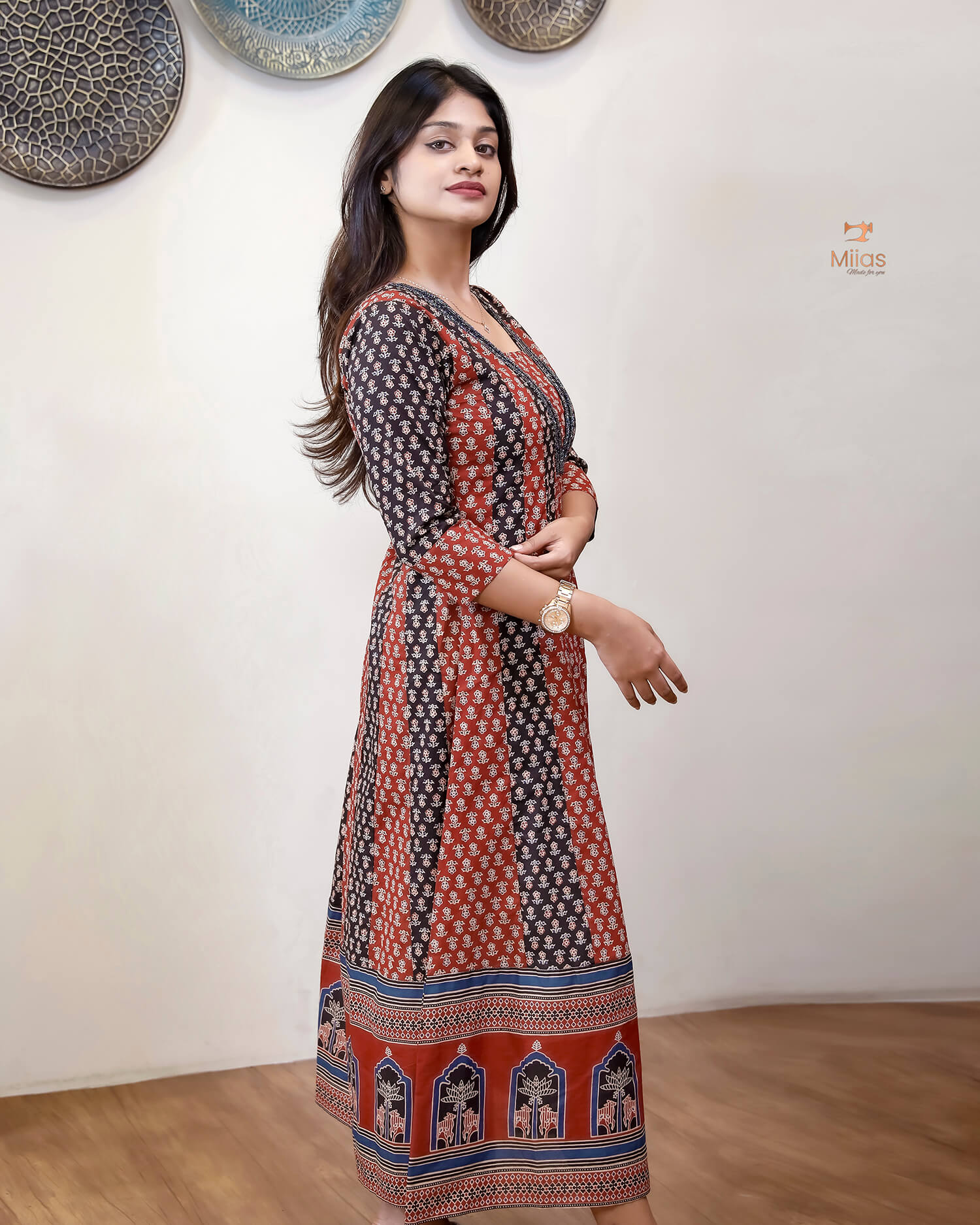 Ajrakh Kurti | Dual-Tone Panels with Artisan Beadwork & Mirrors-Brick Red
