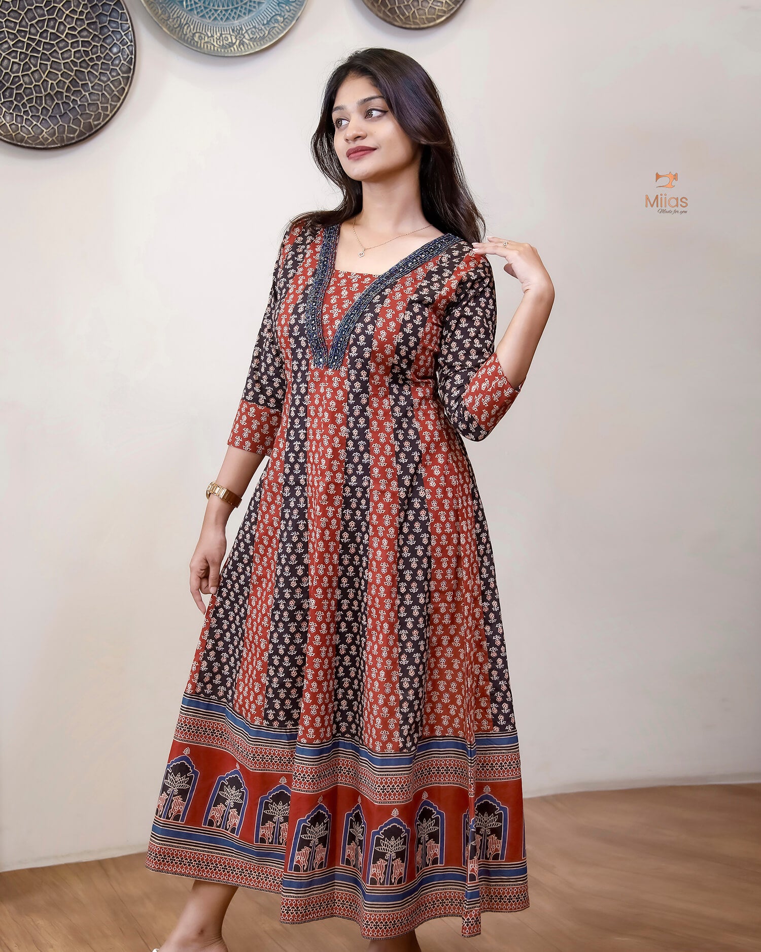 Ajrakh Kurti | Dual-Tone Panels with Artisan Beadwork & Mirrors-Brick Red