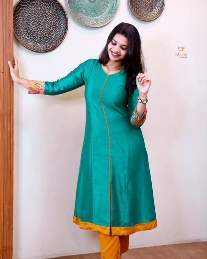 Vichitra Silk Three Piece Set: Embroidered Sleeves & Dupatta-Kingfisher Blue.