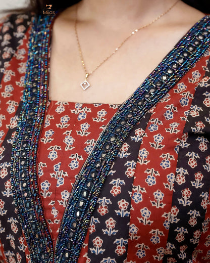 Ajrakh Kurti | Dual-Tone Panels with Artisan Beadwork & Mirrors-Brick Red