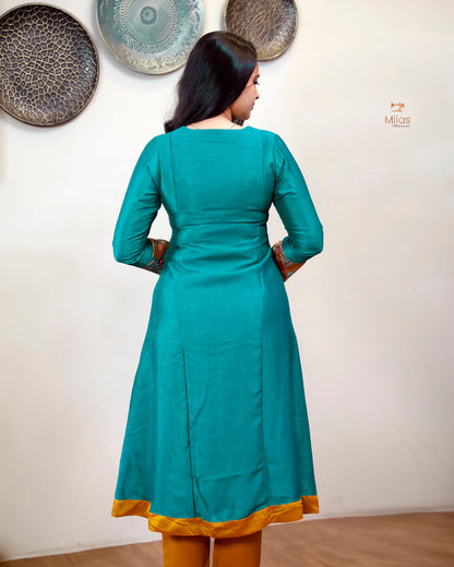 Vichitra Silk Three Piece Set: Embroidered Sleeves & Dupatta-Kingfisher Blue.
