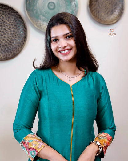 Vichitra Silk Three Piece Set: Embroidered Sleeves & Dupatta-Kingfisher Blue.