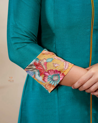 Vichitra Silk Three Piece Set: Embroidered Sleeves & Dupatta-Kingfisher Blue.