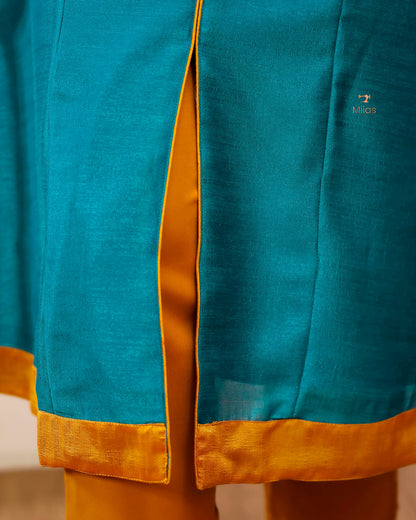 Vichitra Silk Three Piece Set: Embroidered Sleeves & Dupatta-Kingfisher Blue.