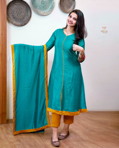 Vichitra Silk Three Piece Set: Embroidered Sleeves & Dupatta-Kingfisher Blue.