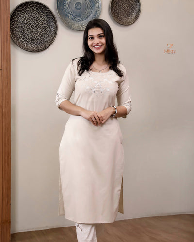 Cotton Co-ord Set: Thread Cut Work Top & Side Pocket Pants-Cream
