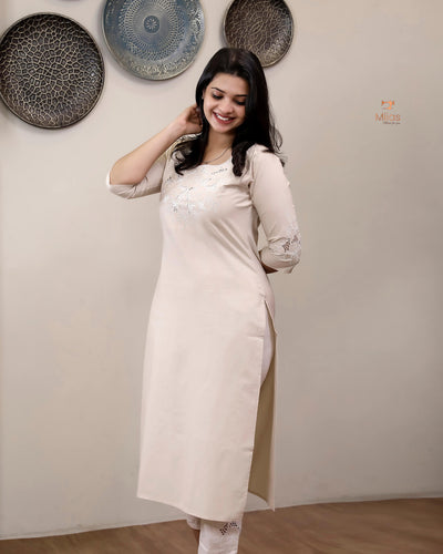 Cotton Co-ord Set: Thread Cut Work Top & Side Pocket Pants-Cream
