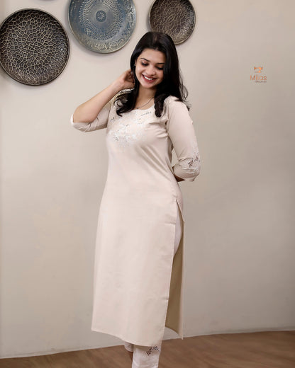 Cotton Co-ord Set: Thread Cut Work Top & Side Pocket Pants-Cream
