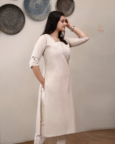 Cotton Co-ord Set: Thread Cut Work Top & Side Pocket Pants-Cream