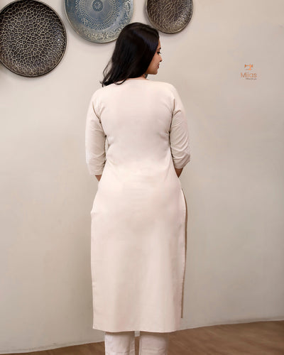 Cotton Co-ord Set: Thread Cut Work Top & Side Pocket Pants-Cream