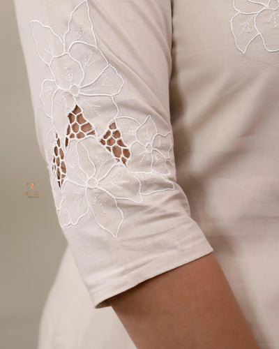 Cotton Co-ord Set: Thread Cut Work Top & Side Pocket Pants-Cream