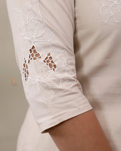 Cotton Co-ord Set: Thread Cut Work Top & Side Pocket Pants-Cream