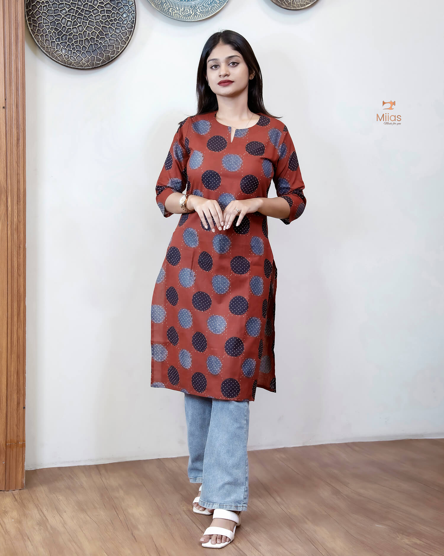 Cotton Ajrakh Short Top - 40" Versatile Tunic/Dress-Brick Red.