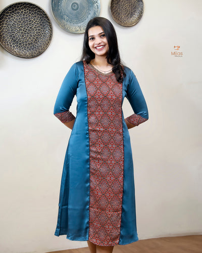 Modal Silk 3 Panel Kurti w/ Beaded Handwork Neck-Blue