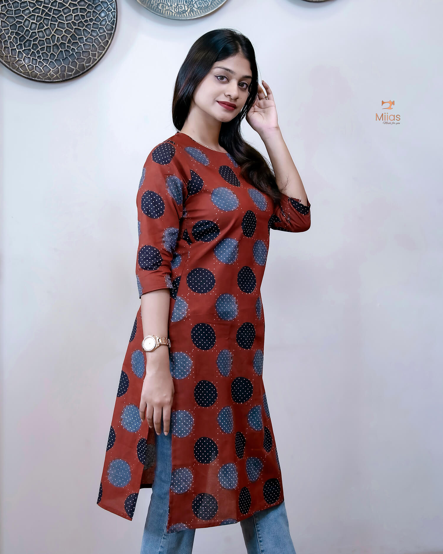 Cotton Ajrakh Short Top - 40" Versatile Tunic/Dress-Brick Red.
