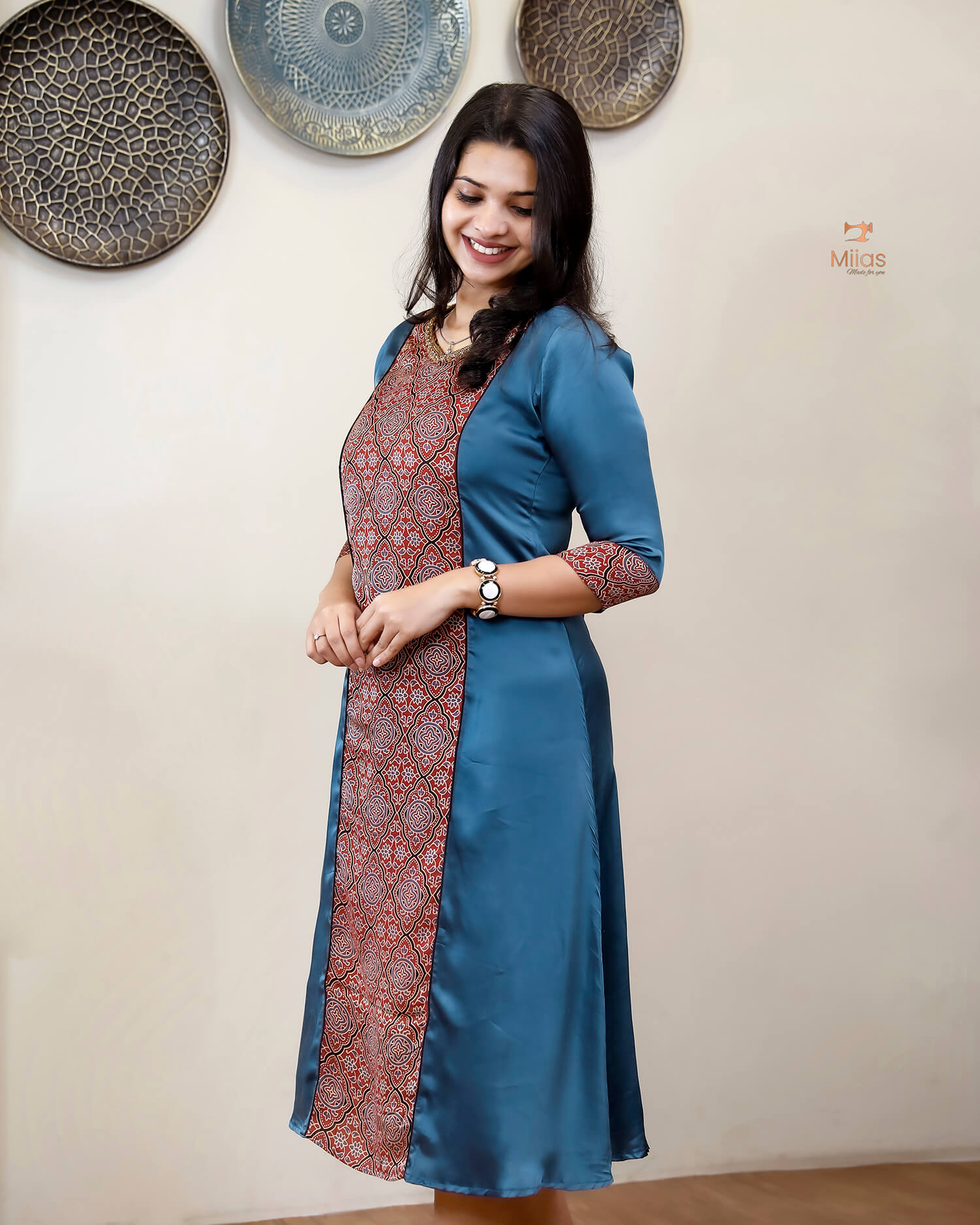 Modal Silk 3 Panel Kurti w/ Beaded Handwork Neck-Blue