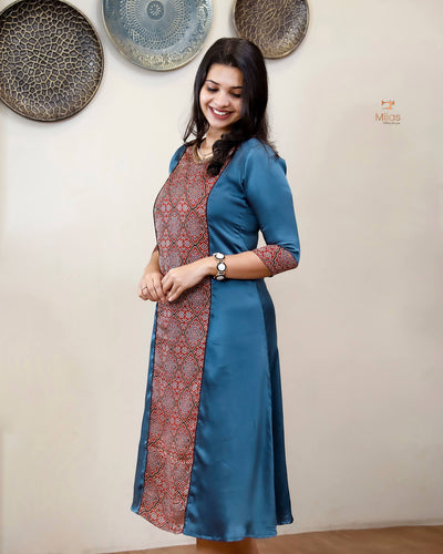 Modal Silk 3 Panel Kurti w/ Beaded Handwork Neck-Blue