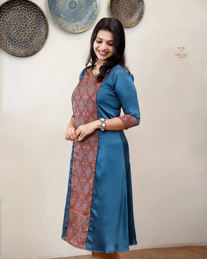 Modal Silk 3 Panel Kurti w/ Beaded Handwork Neck-Blue
