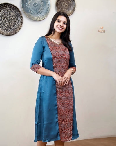 Modal Silk 3 Panel Kurti w/ Beaded Handwork Neck-Blue