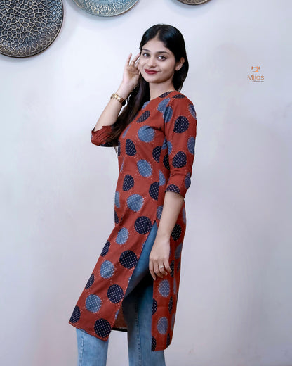 Cotton Ajrakh Short Top - 40" Versatile Tunic/Dress-Brick Red.