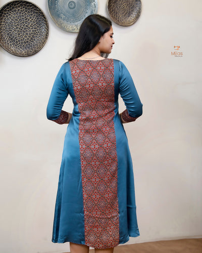 Modal Silk 3 Panel Kurti w/ Beaded Handwork Neck-Blue