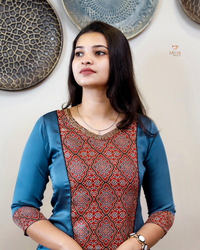 Modal Silk 3 Panel Kurti w/ Beaded Handwork Neck-Blue