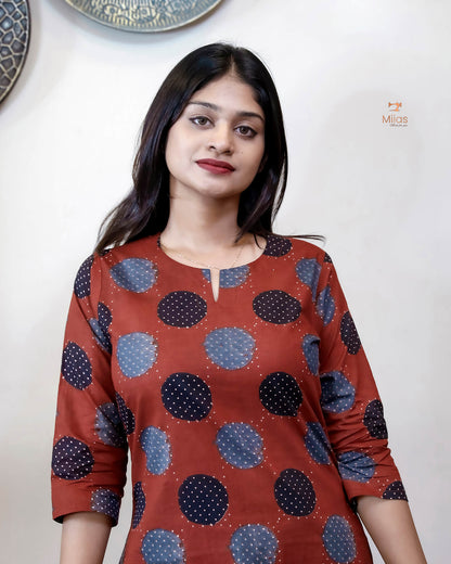 Cotton Ajrakh Short Top - 40" Versatile Tunic/Dress-Brick Red.