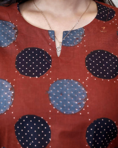 Cotton Ajrakh Short Top - 40" Versatile Tunic/Dress-Brick Red.