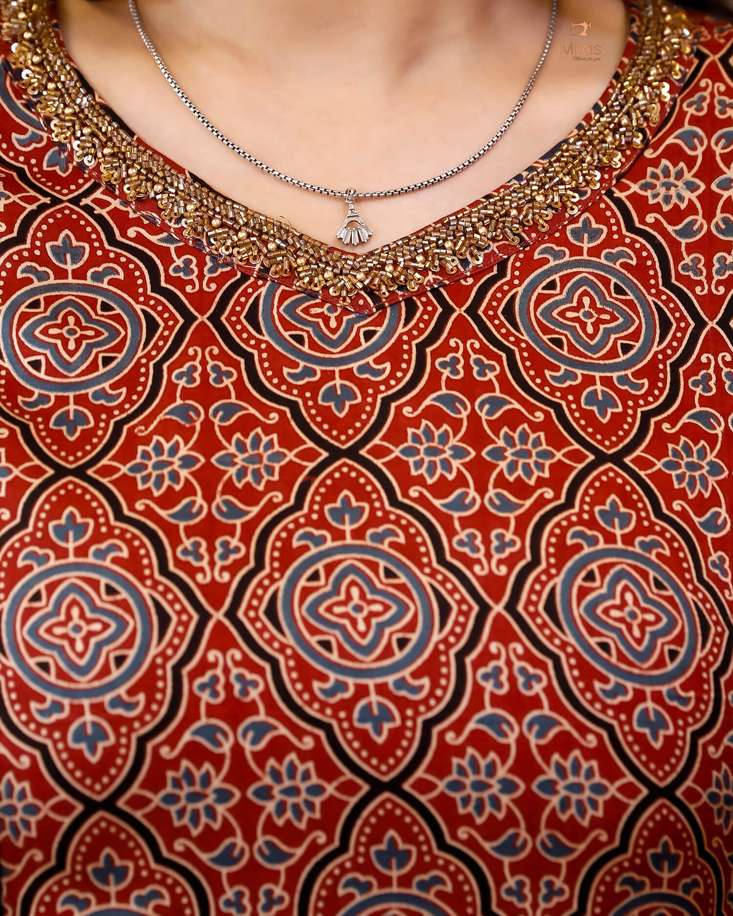 Modal Silk 3 Panel Kurti w/ Beaded Handwork Neck-Blue