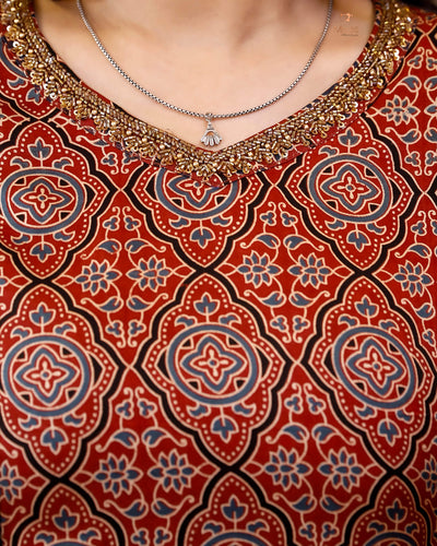 Modal Silk 3 Panel Kurti w/ Beaded Handwork Neck-Blue