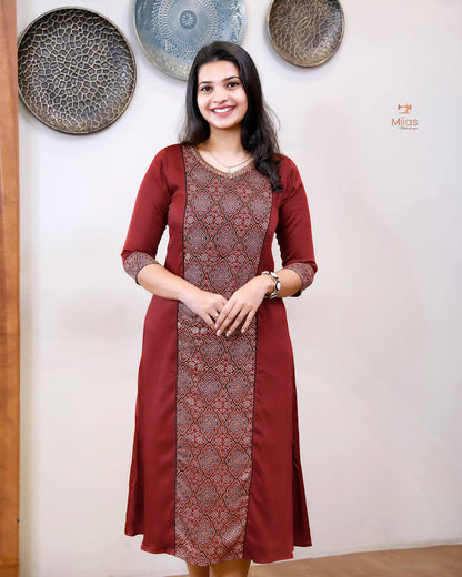 Modal Silk 3 Panel Kurti w/ Beaded Handwork Neck-Red