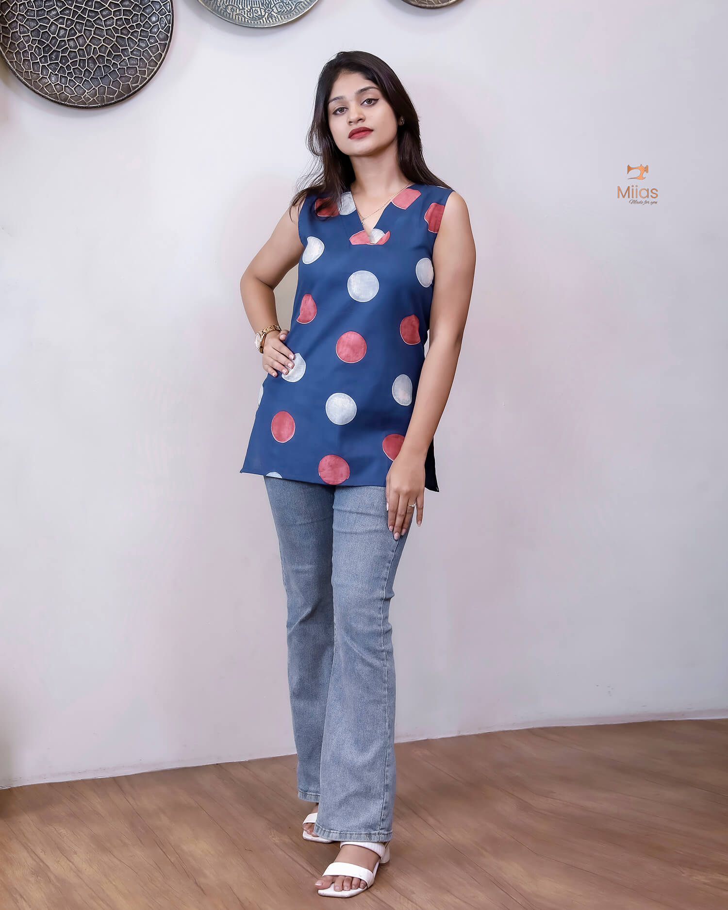 Ajrakh Cotton Sleeveless Top: Modern V-Neck-Blue