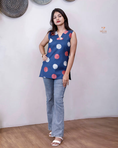 Ajrakh Cotton Sleeveless Top: Modern V-Neck-Blue