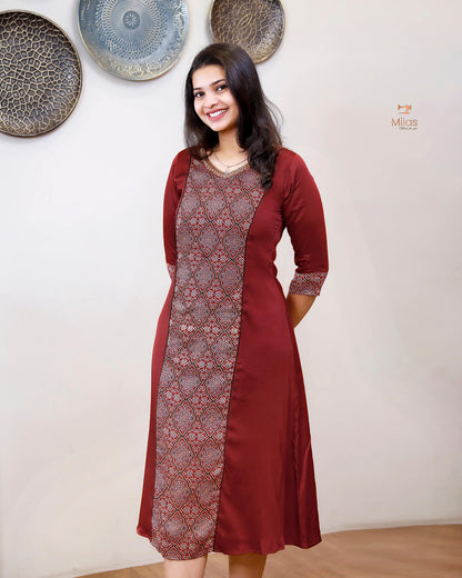 Modal Silk 3 Panel Kurti w/ Beaded Handwork Neck-Red