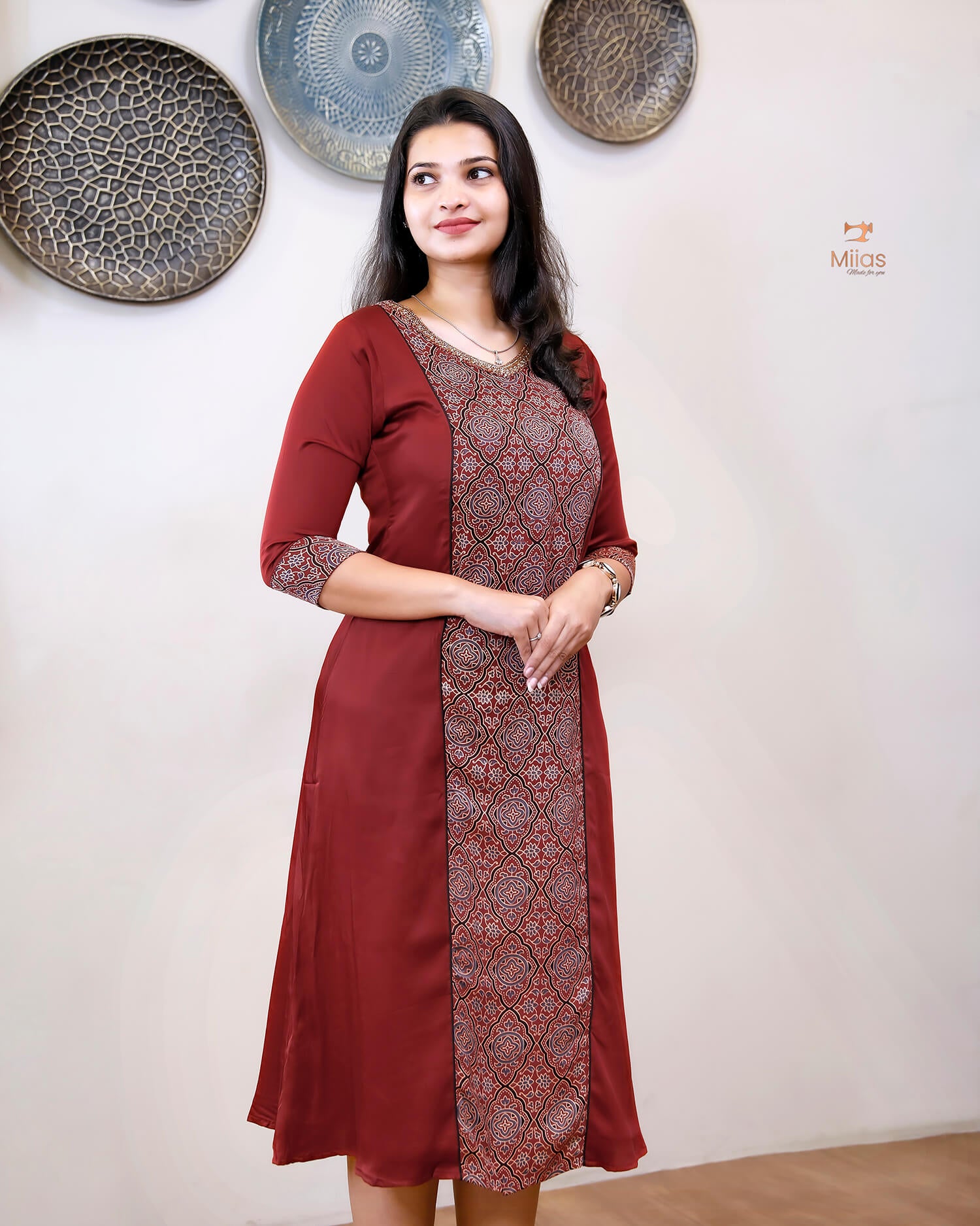 Modal Silk 3 Panel Kurti w/ Beaded Handwork Neck-Red