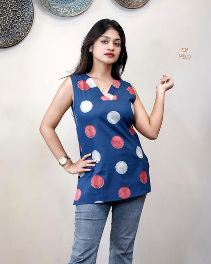 Ajrakh Cotton Sleeveless Top: Modern V-Neck-Blue