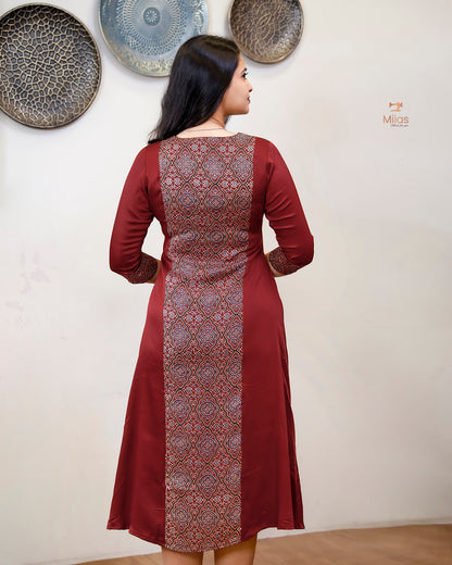 Modal Silk 3 Panel Kurti w/ Beaded Handwork Neck-Red