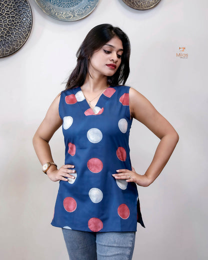 Ajrakh Cotton Sleeveless Top: Modern V-Neck-Blue