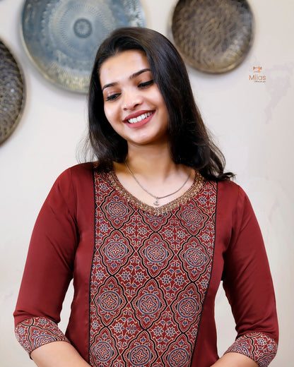 Modal Silk 3 Panel Kurti w/ Beaded Handwork Neck-Red