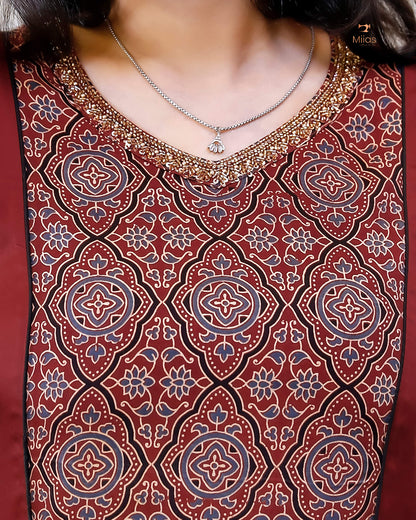 Modal Silk 3 Panel Kurti w/ Beaded Handwork Neck-Red
