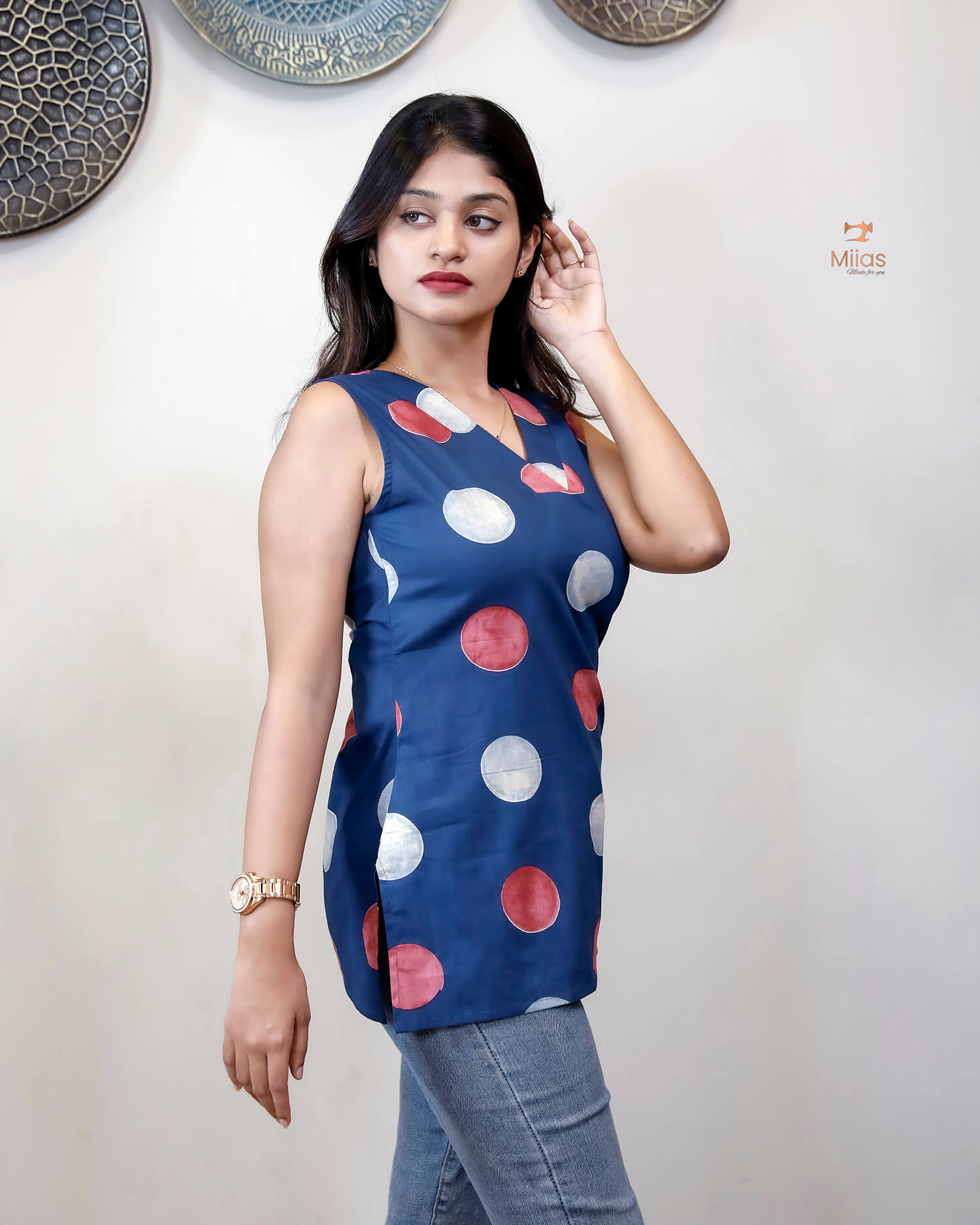 Ajrakh Cotton Sleeveless Top: Modern V-Neck-Blue
