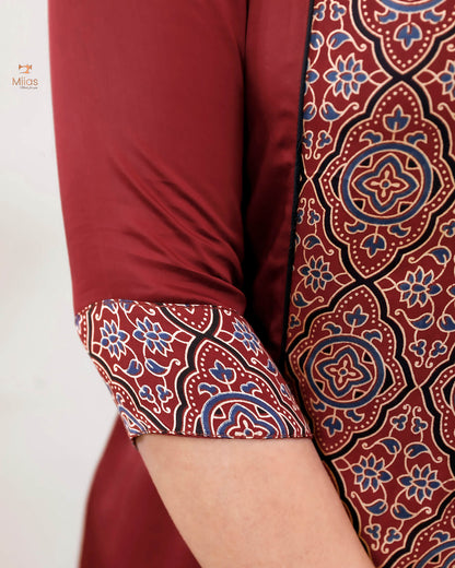 Modal Silk 3 Panel Kurti w/ Beaded Handwork Neck-Red
