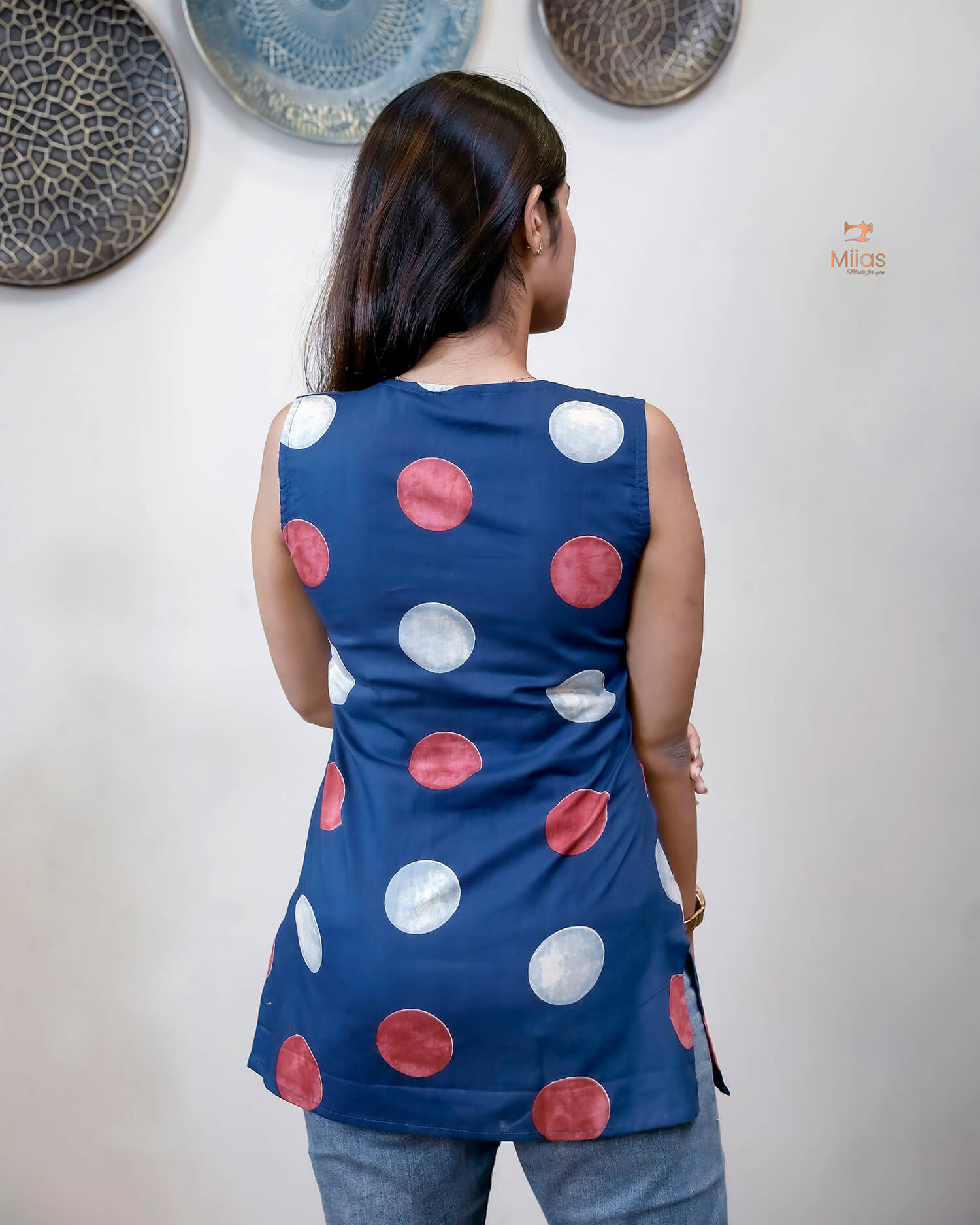 Ajrakh Cotton Sleeveless Top: Modern V-Neck-Blue