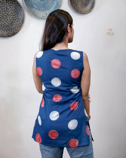 Ajrakh Cotton Sleeveless Top: Modern V-Neck-Blue