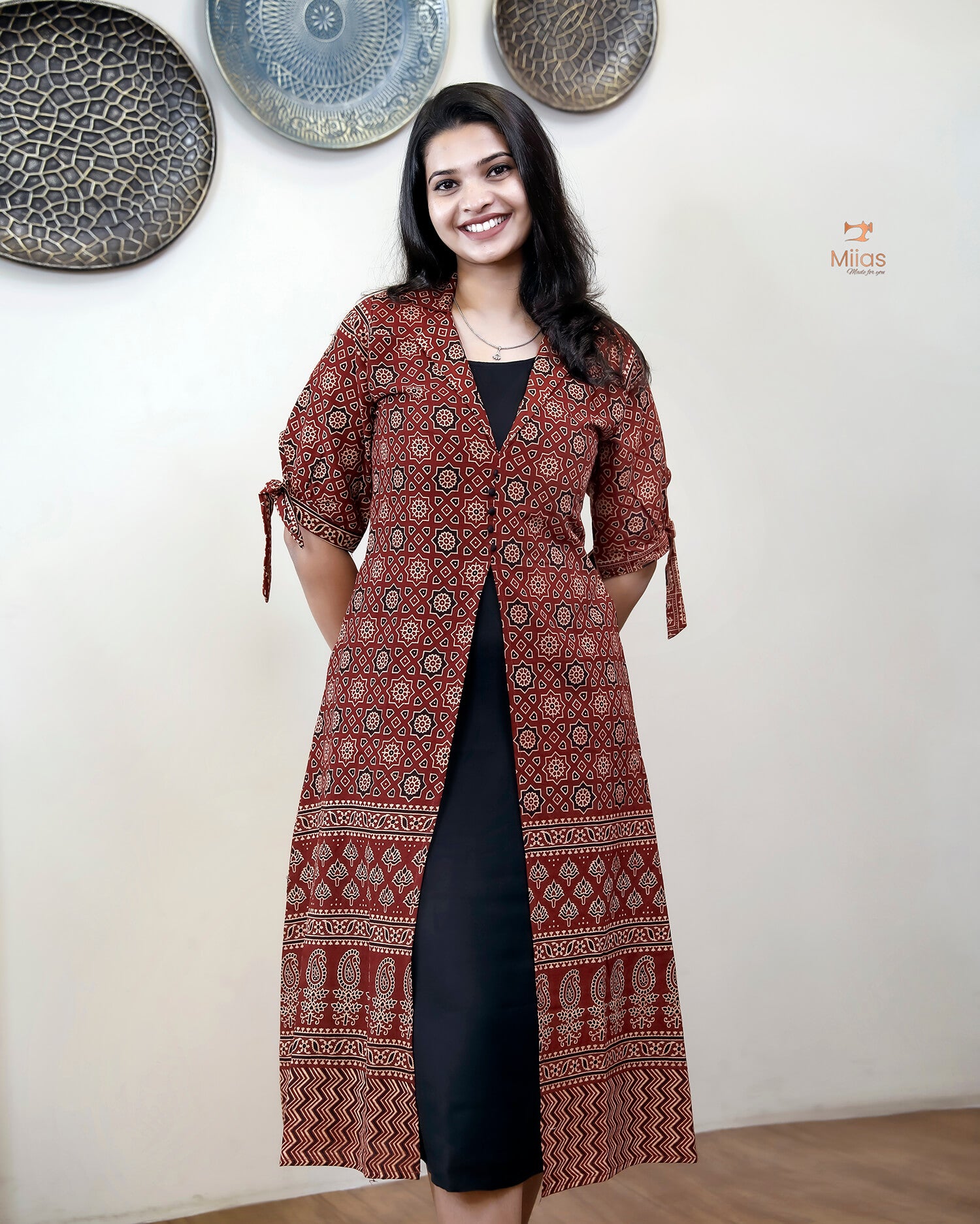 Cotton Ajrakh Printed Set with Potli Button Detail-Brick Red