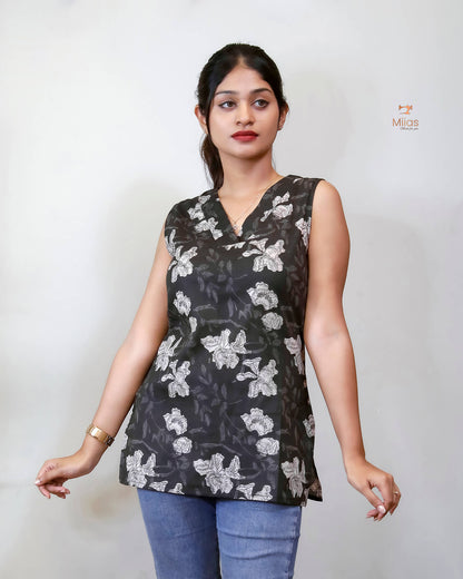 South Cotton Sleeveless Top: Flattering V-Neck Tee-Elephant Grey.