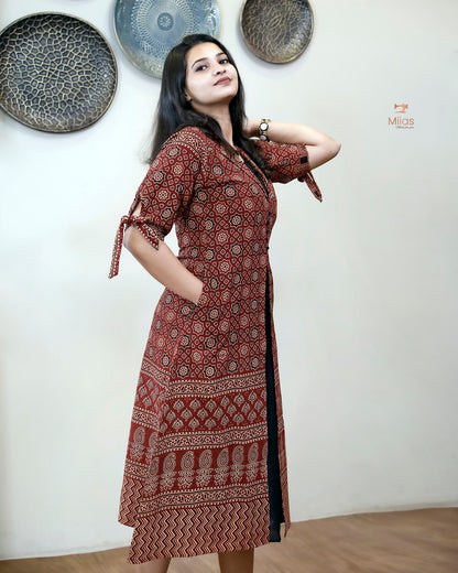 Cotton Ajrakh Printed Set with Potli Button Detail-Brick Red