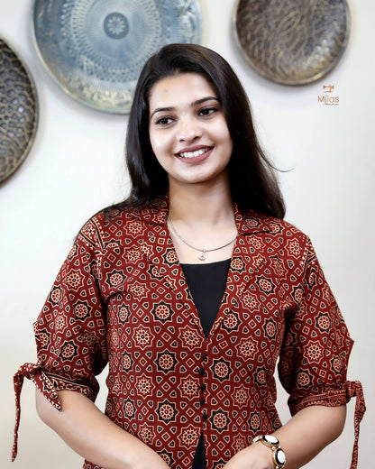 Cotton Ajrakh Printed Set with Potli Button Detail-Brick Red